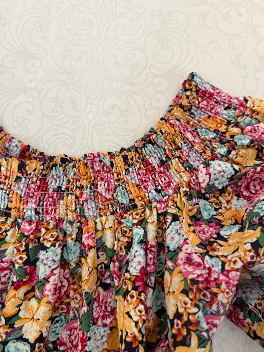 Anthropologie Maeve Off-the-Shoulder Smocked Floral Flounced Mini Dress Large - Picture 4 of 13